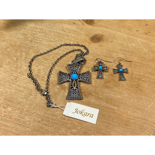 Vintage Gothic Cross Necklace and Earrings | Jokara | Metal Cross Necklace On Chain + Dangle Cross Pierced Earrings | Womens Fashion Jewelry