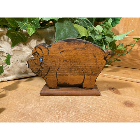 Vintage Carved Wooden Pig Figurine | Wood Pig Figure | Rustic Farmhouse Shelf Decor |  Quirky Brown Wood Pig Figurine | Cottagecore Decor