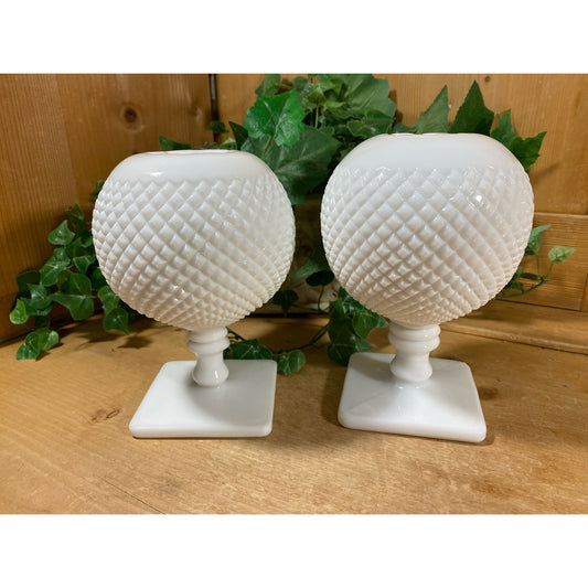 Vintage White Hobnail Milk Glass Pedestal Vases - Set of 2 | Westmoreland | Rose or Ivy Bowl Vase | Made In England | Cottagecore Decor