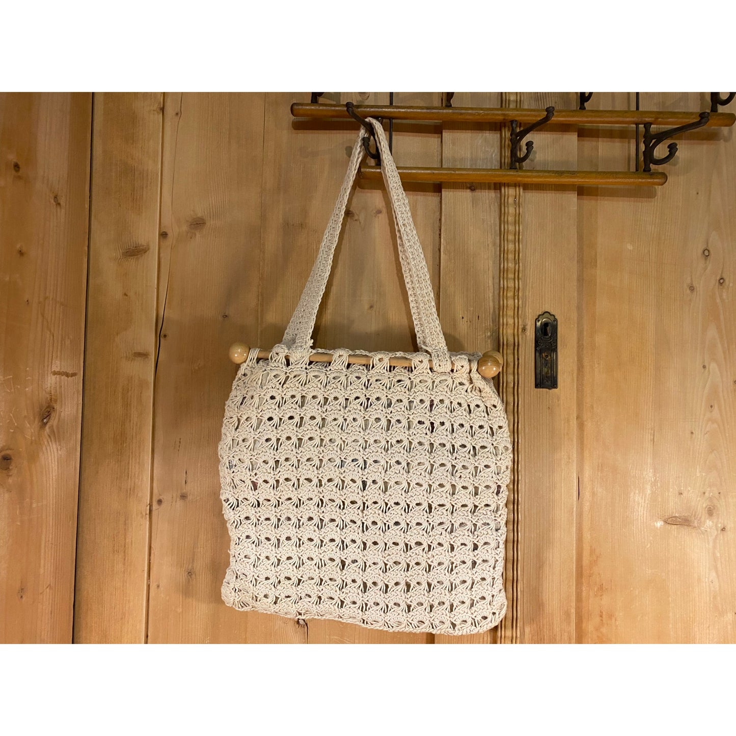 Vintage Macrame Handbag with Wooden Dowels | Cream Crochet Knit Purse with 2 Handles and Floral Lining  | Hippie Satchel | Boho Handbag