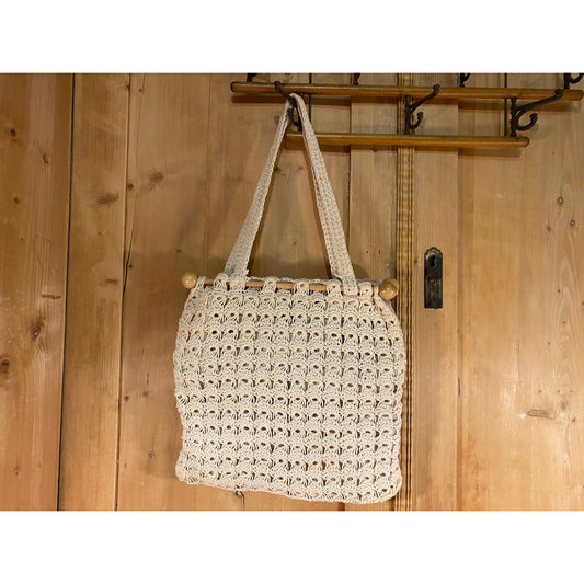 Vintage Macrame Handbag with Wooden Dowels | Cream Crochet Knit Purse with 2 Handles and Floral Lining  | Hippie Satchel | Boho Handbag