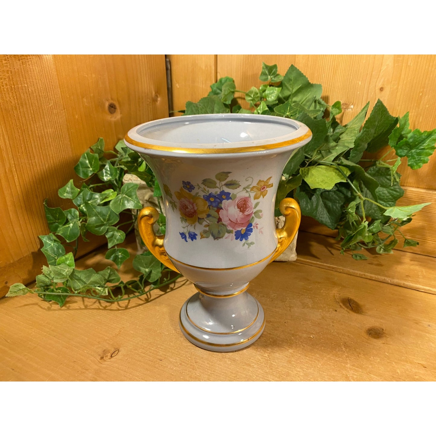 Vintage Light Blue + Pink Floral Urn Vase with Gold Trim | Princeton China Pottery | Victorian Flower Vase with Two Handles | Shabby Chic