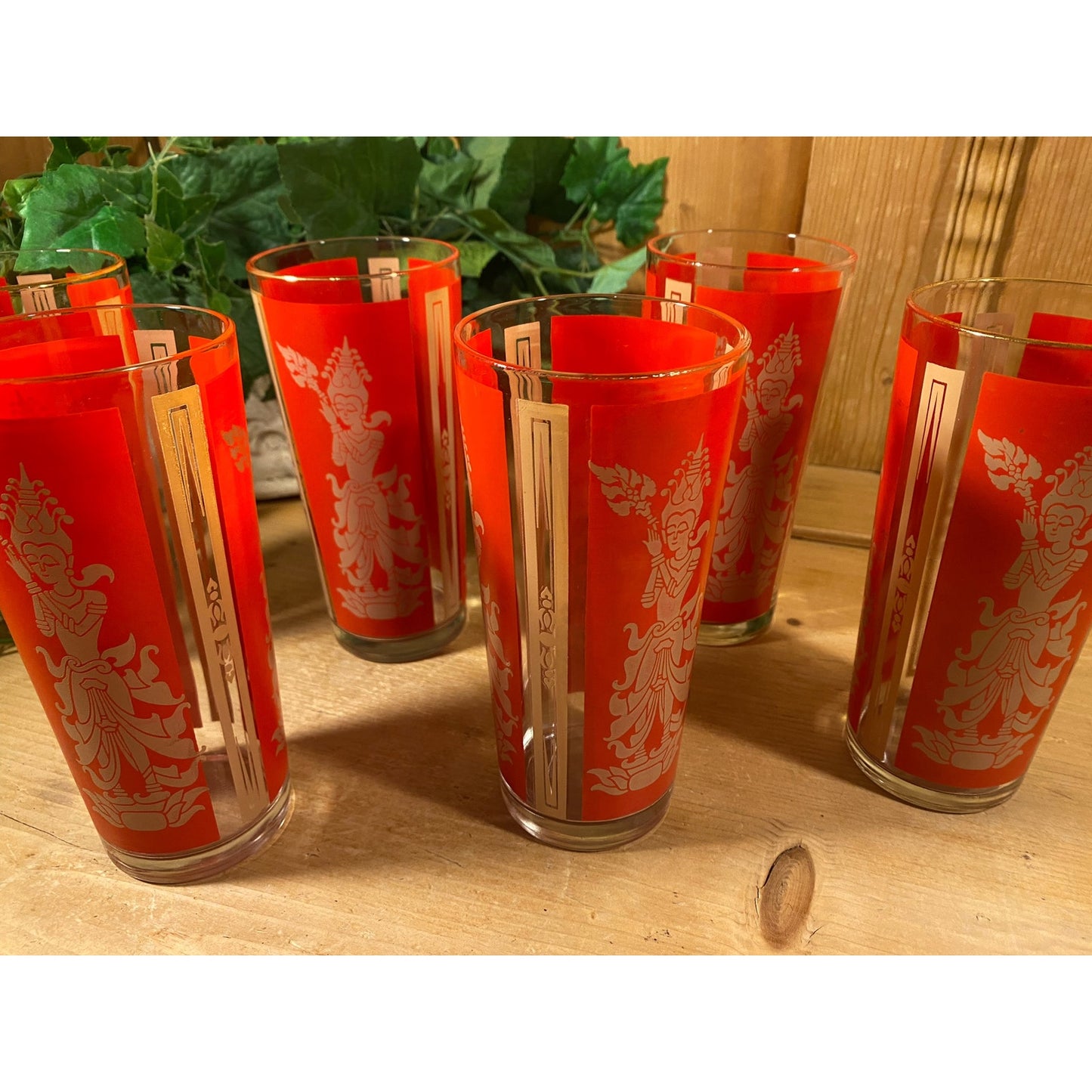Vintage Red Thai Princess Glasses - Set of 6 | Culver | Midcentury Modern Drinking Glasses (A) | Thai Goddess | Academia | Hollywood Regency