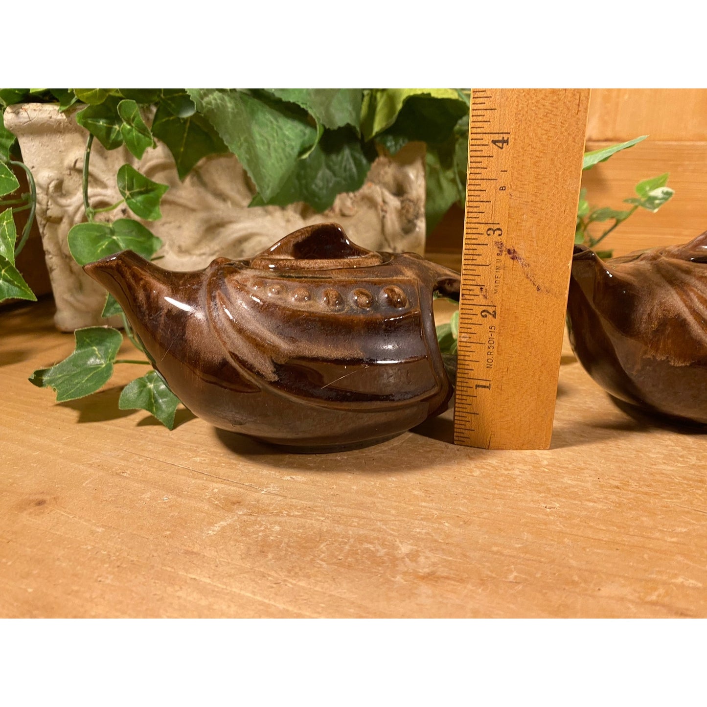 Vintage Brown Drip Ceramic Teapots - Set of 2 | Aladdin / Genie Teapot | Pair of Brown Pottery Teapots | Boho Kitchen Decor | Bohemian Decor
