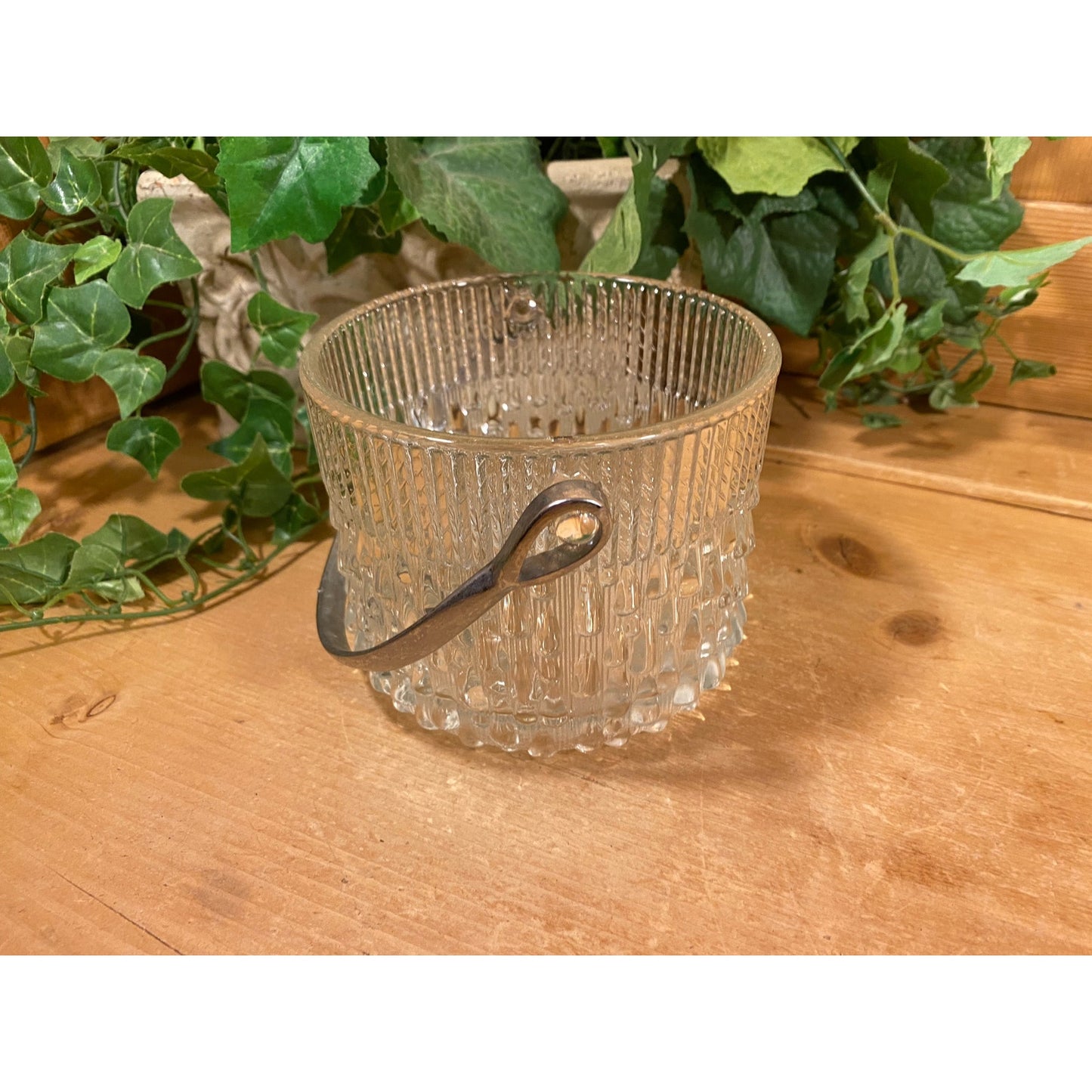 Vintage Round Clear Glass Ice Bucket with Metal Handle | Teleflora | Wine Chiller | MCM | Champagne Bucket | Ice Pail | Midcentury Modern