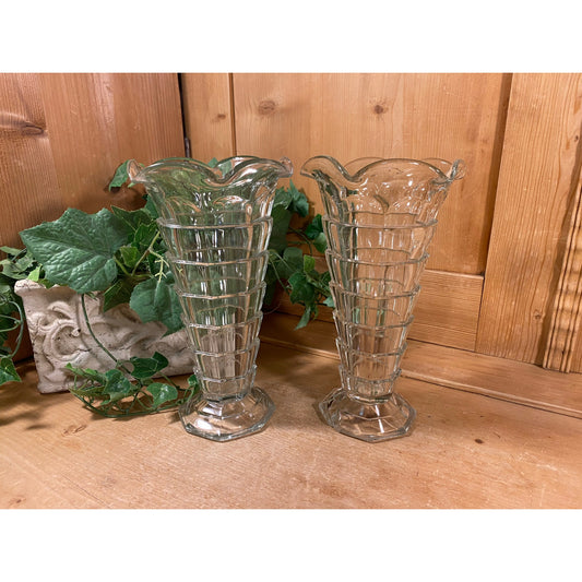 Vintage Art Deco Glass Flower Vase - Set of 2 |  Indiana Glass Co. | Tea Room Pattern | Cone Shaped Flower Vase w/ Ruffled Rim | Cottagecore