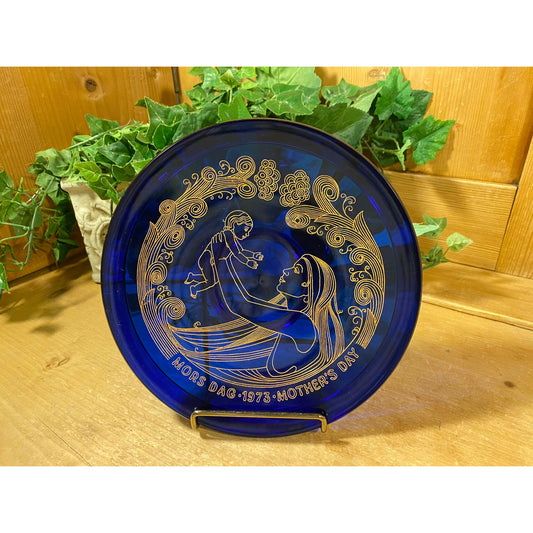 Vintage Swedish Cobalt Blue Glass Mother's Day Plate | 1973 | Orrefors | Sweden | Limited Edition | Blue and Gold | 1970s Collectible Plate