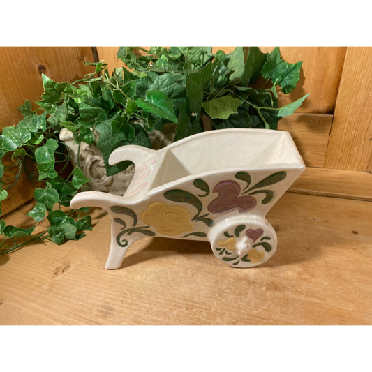 Vintage Flowered Ceramic Flower Cart Planter | White, Green, Yellow | Whimsical Wheelbarrow Planter | Cottagecore Decor | Spring Table Decor