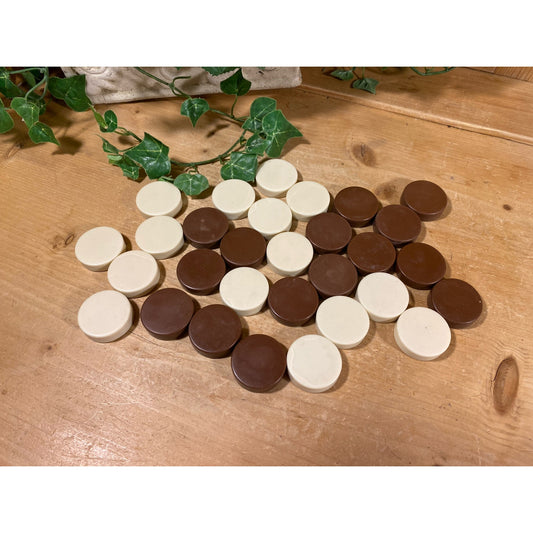 Vintage Bakelite Checkers Pieces | 30 Game Pieces | Brown and White | Round Bakelite Backgammon Pieces | Midcentury Modern Boardgame Pieces