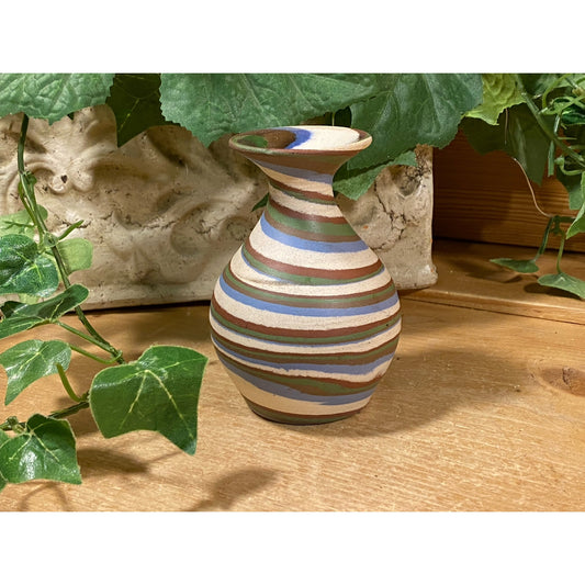 Vintage Swirled Stripes Pottery Vase | Desert Sands Pottery | Aqua Blue, Brown, White | Matte Finish Pottery Flower Vase | Boho Table Decor
