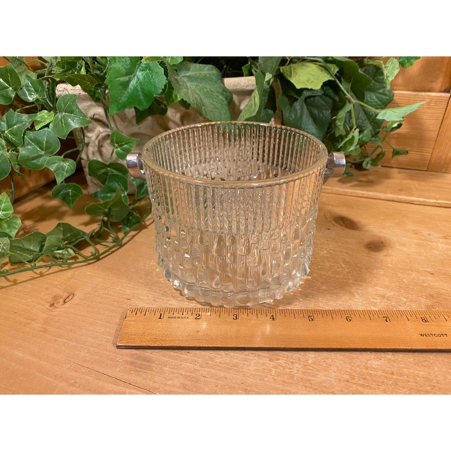 Vintage Round Clear Glass Ice Bucket with Metal Handle | Teleflora | Wine Chiller | MCM | Champagne Bucket | Ice Pail | Midcentury Modern