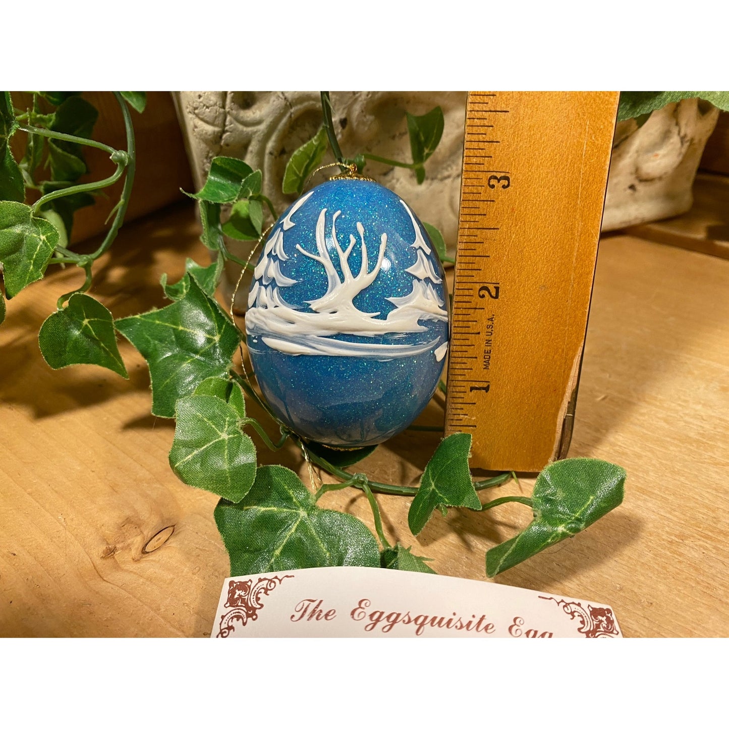 Vintage Handpainted Real Eggshell Ornament | Victorian Sleigh Ride | Eggsquisite Egg | Blue Christmas Egg | Painted Egg Signed by Artist