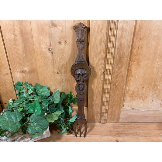 Vintage Dark Wood Wizard or Old Man Hand-carved Fork | Forestcore Wall Decor | Carved Wooden Fork | Carved Folk Art | Academia Wall Decor