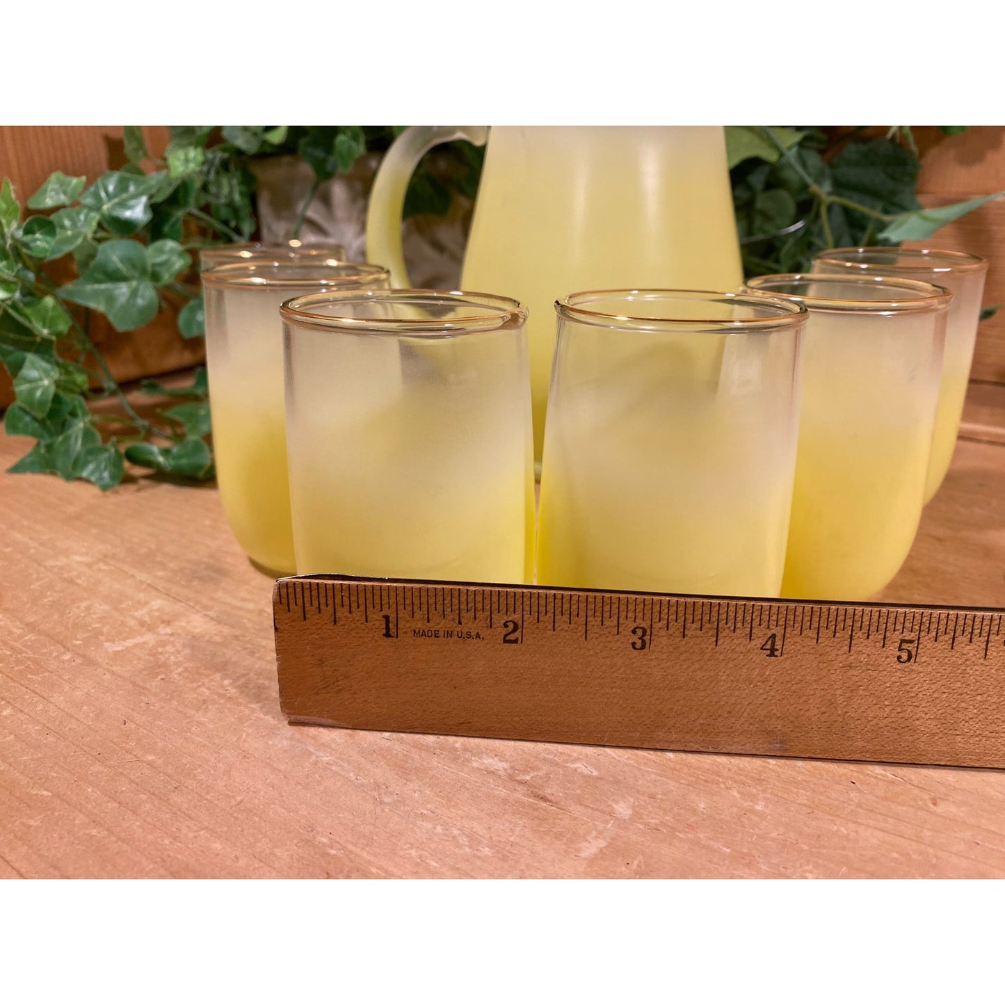 Vintage Blendo Frosted Yellow Glass Pitcher and Tumblers - Set of 7 | Midcentury Modern Drinkware Set | Blendo Pitcher + Glasses