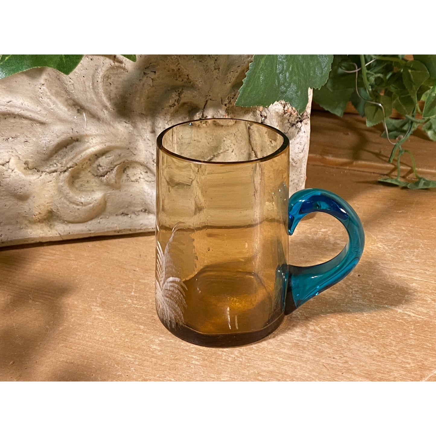 Vintage Handblown Glass Silhouette Cup | Mary Gregory | Brown Glass with Blue Ring Handle  | Art Glass with Girl In A Field  | Shabby Chic