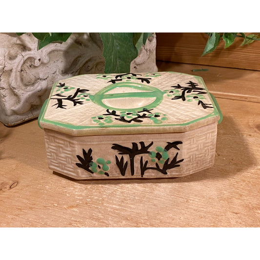 Vintage Ceramic Trinket Box with Lid | White/Green Basket Weave Pattern Trinket Box with Painted Branches | Made In Japan | Cottagecore Decor