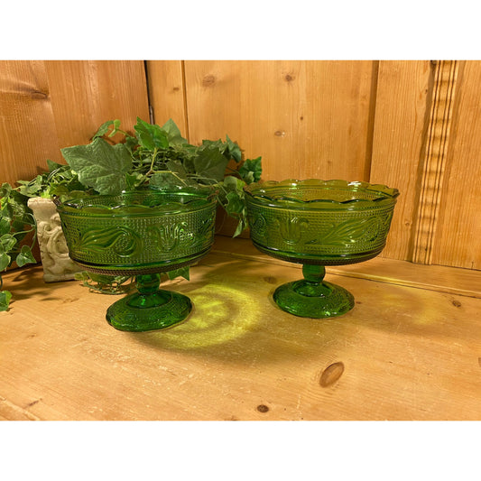 Vintage Green Glass Pedestal Bowl Candy Dish - Set of 2 | E.O. Brady | Vintage Avocado Green Glass Bowl | 1970s Table Decor | Retro Decor