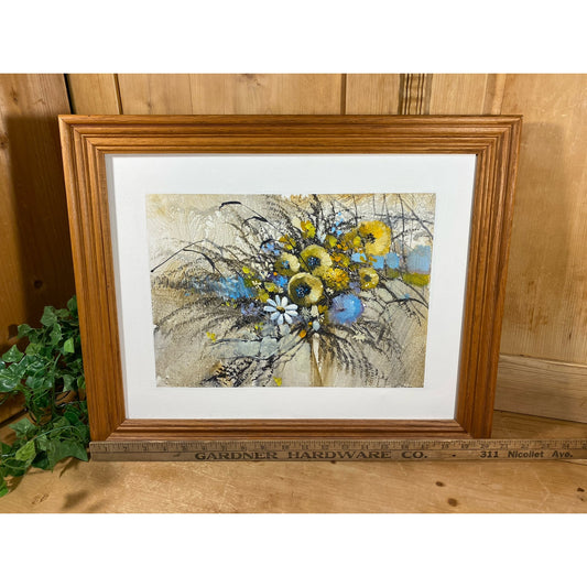 Vintage Framed Floral Oil Painting | Original Oil Painting In Brown Wood Frame | Blue Yellow Brown Floral Art | Cottagecore Wall Decor