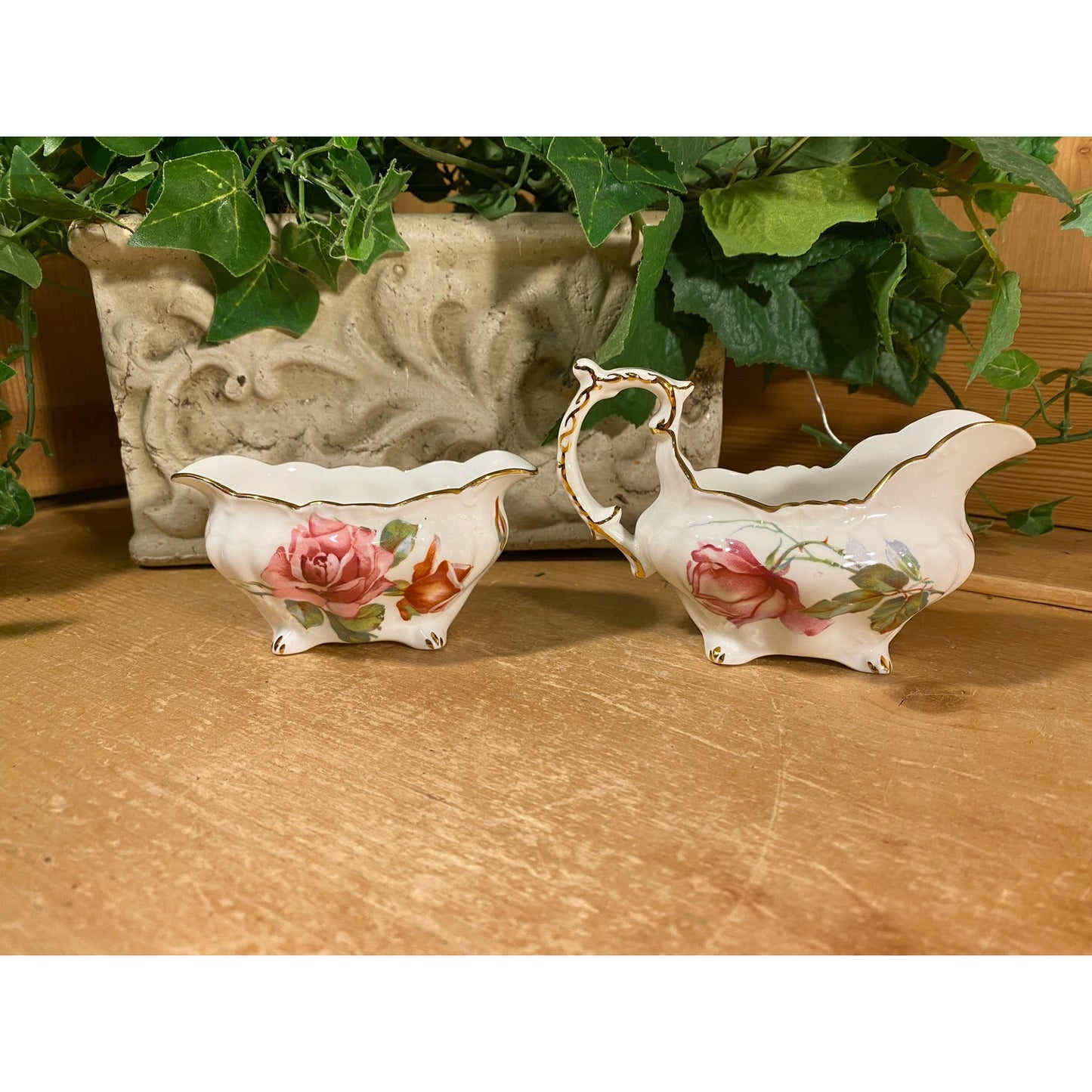 Vintage Bone China Sugar Bowl and Creamer - Set of 2 | Hammersley | Made In England | Yellow and Pink Floral | Shabby Chic | Sugar and Cream