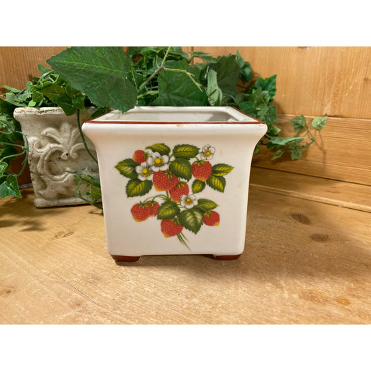 Vintage Square Ceramic Planter with Strawberries | Cottagecore Table Decor |  White, Red, Green | White Ceramic Pot with Strawberry Plants