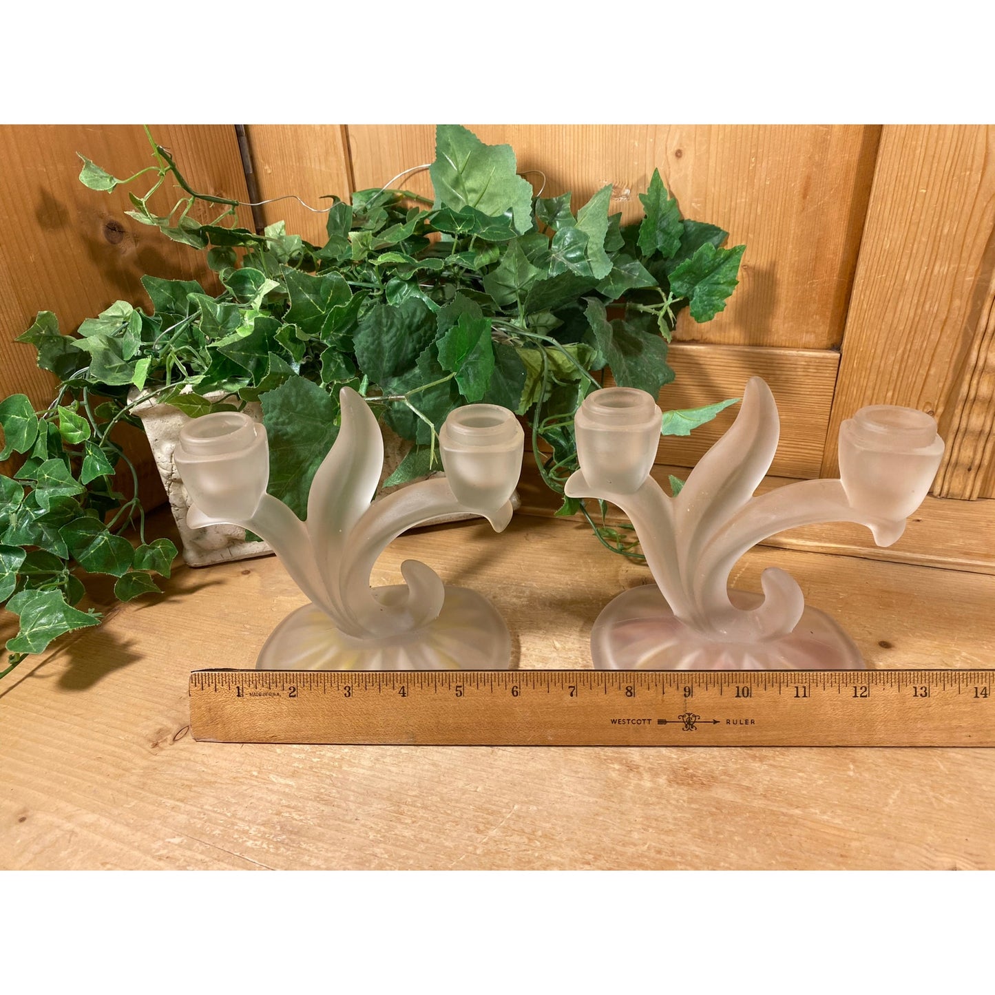 Vintage Satin Glass Double Light Candlesticks - Set of 2 | Indiana Glass | Willow Oleander | Frosted Glass Candle Holders | Shabby Chic