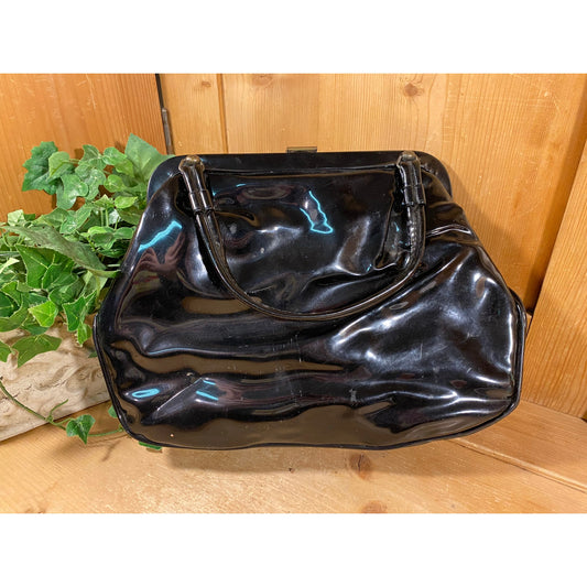 Vintage Black Patent Leather Handbag | Dova | USA | Midcentury Modern Purse with Top Handles | Black Patent Leather Handbag w/ Floral Lining