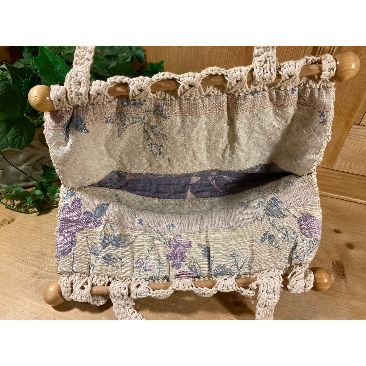 Vintage Macrame Handbag with Wooden Dowels | Cream Crochet Knit Purse with 2 Handles and Floral Lining  | Hippie Satchel | Boho Handbag