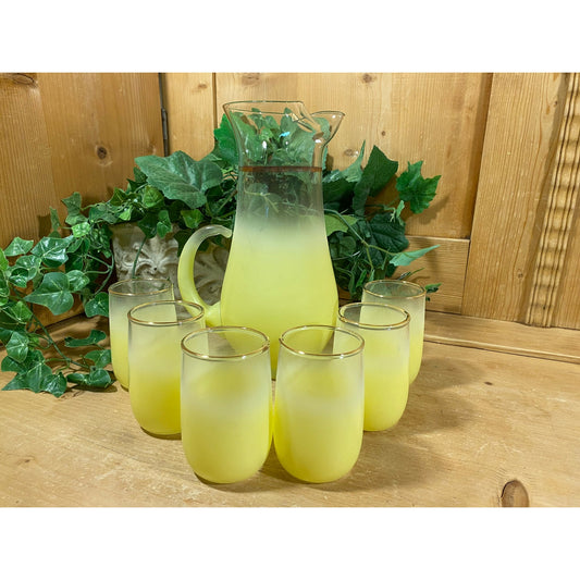 Vintage Blendo Frosted Yellow Glass Pitcher and Tumblers - Set of 7 | Midcentury Modern Drinkware Set | Blendo Pitcher + Glasses