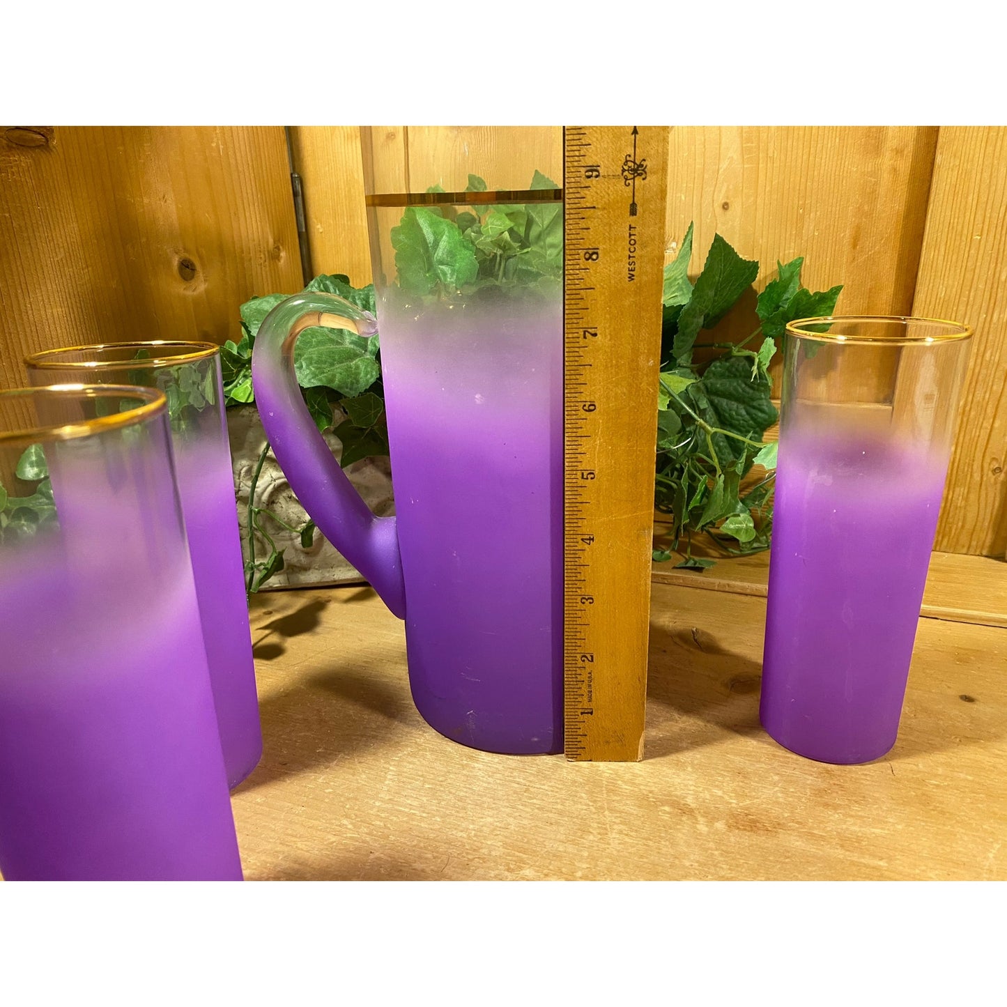 Vintage Blendo Frosted Purple Glass Pitcher and Tumblers - Set of 4 | Midcentury Modern Drinkware Set | Purple Ombre Glass Pitcher + Glasses