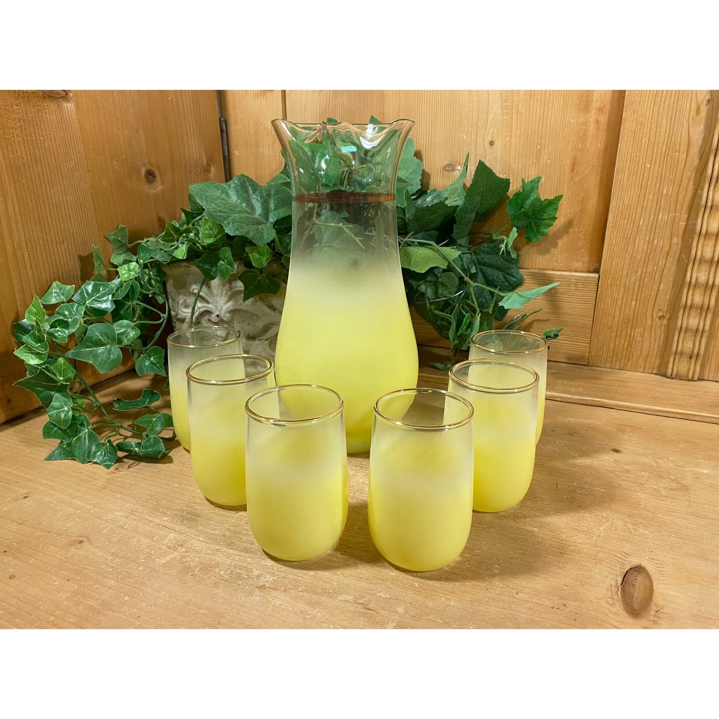Vintage Blendo Frosted Yellow Glass Pitcher and Tumblers - Set of 7 | Midcentury Modern Drinkware Set | Blendo Pitcher + Glasses