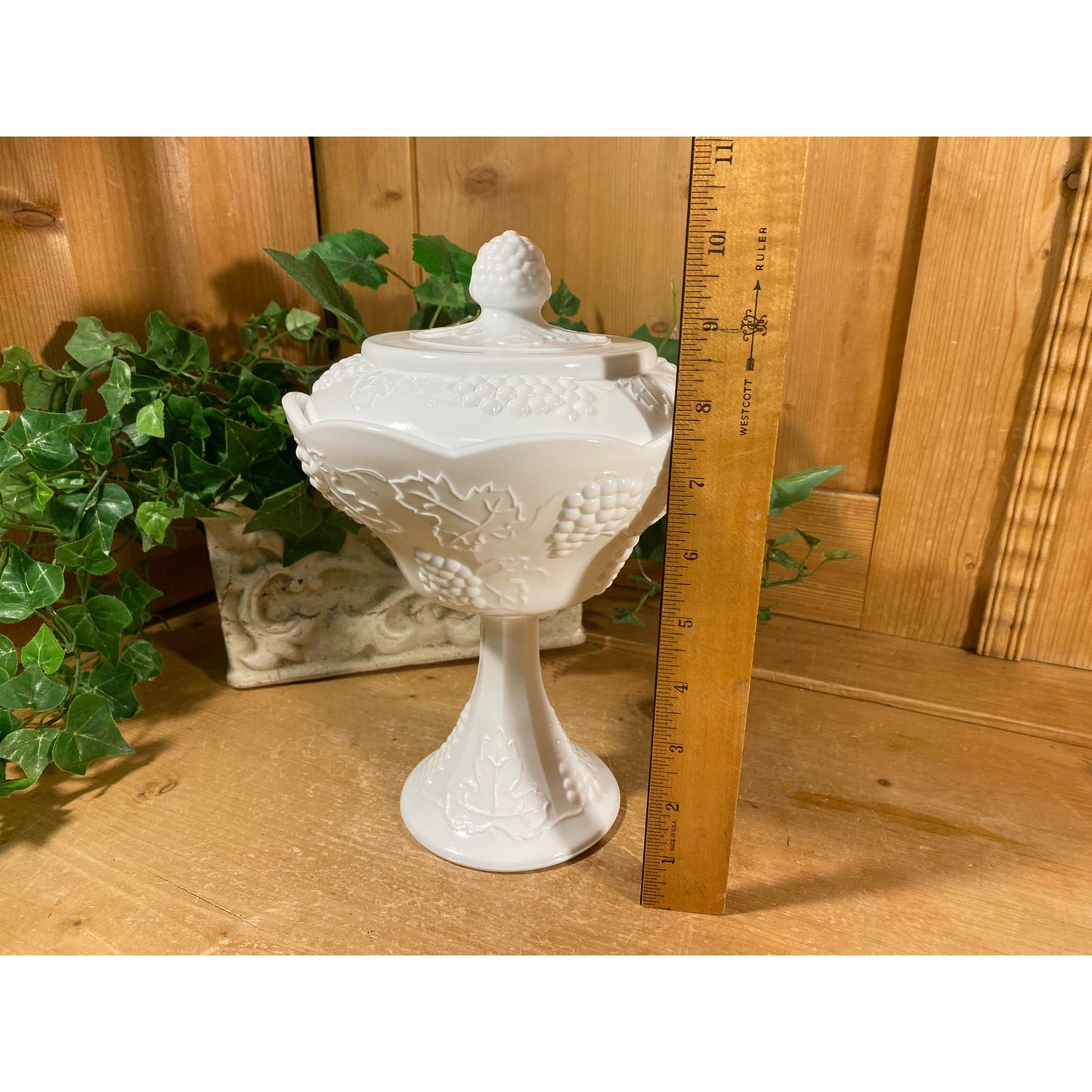 Vintage  Covered Milk Glass Candy Dish with Grapes | White Glass Pedestal Candy Dish with Cover | Milk Glass Dish | Cottagecore Table Decor