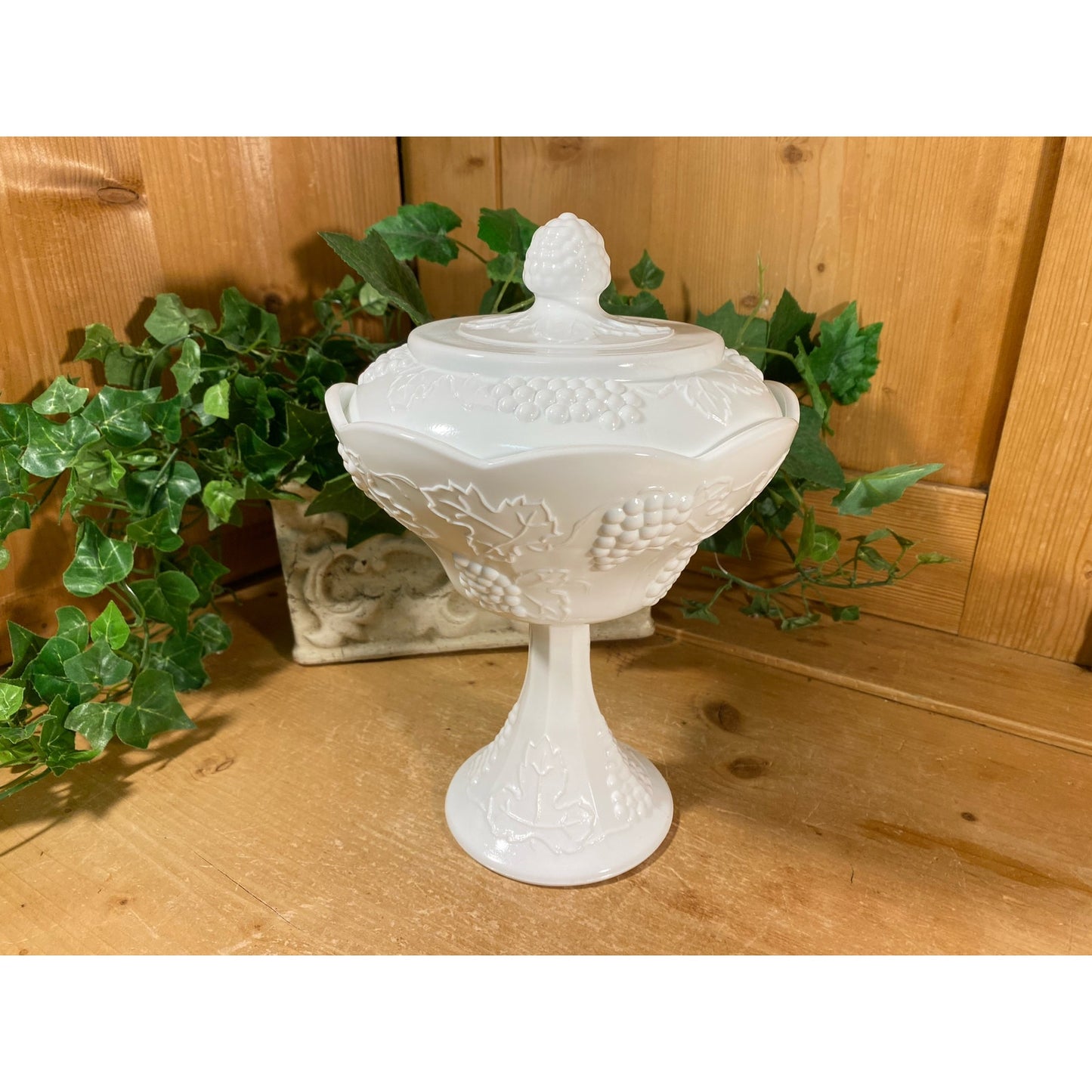 Vintage  Covered Milk Glass Candy Dish with Grapes | White Glass Pedestal Candy Dish with Cover | Milk Glass Dish | Cottagecore Table Decor