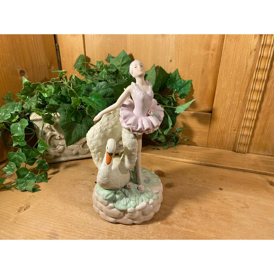 Vintage Porcelain Swan and Ballerina Figurine Music Box (works) | Reverie | Enesco Music Box | Cottagecore Shelf Decor | Swan + Ballerina