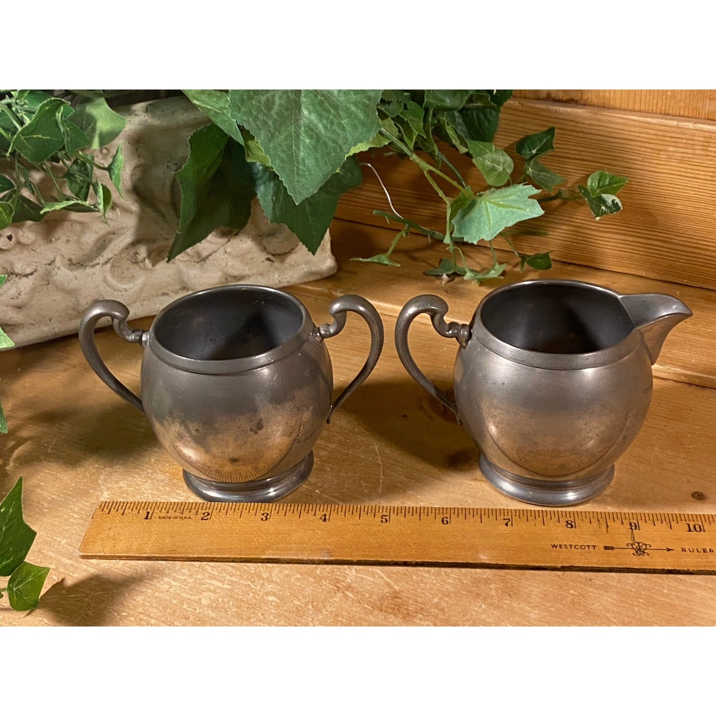Vintage Pilgrim Pewter Sugar Bowl and Creamer - Set of 2 | Academia | Metal Sugar Bowl + Cream Pitcher | Cream and Sugar Set | Victorian