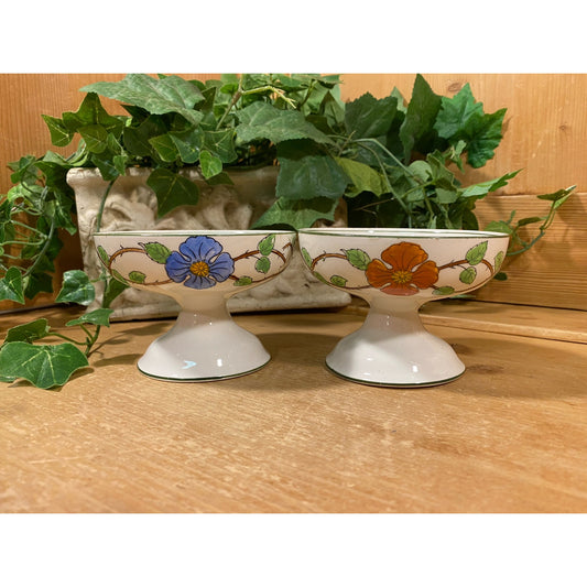 Vintage Footed Floral China Dishes - Set of 2 |  White China Pedestal Cup/Bowl with Vines and Orange/Blue Flowers | Cottagecore Kitchen
