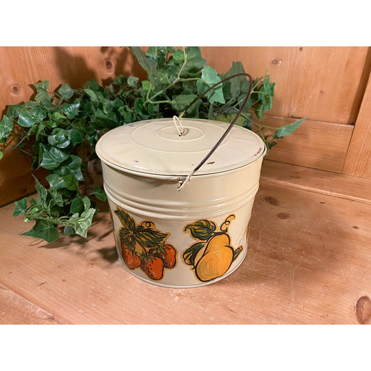 Vintage Decorative Tin Pail with Fruit | White Metal Pail with Lid | Fruit Decor | Cottagecore Kitchen | Strawberries, Pears, Apples, Grapes