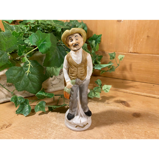 Vintage Ceramic Farmer Figurine | Deville | Made In Taiwan | Old Man Holding Carrots, Sitting On A Tree | Midcentury Modern Shelf Decor