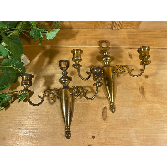 Vintage Brass Double Candlestick Wall Sconces - Set of 2 | Wall Mounted Ornate Brass Candle Holders | Academia | Victorian Wall Decor