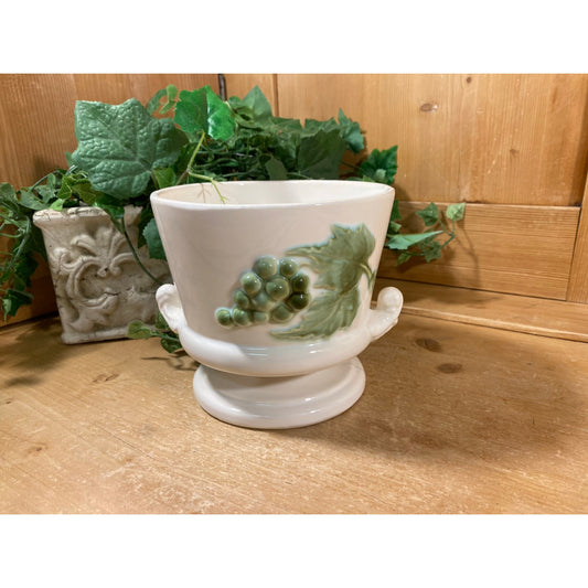 Vintage White Pottery Planter with Green Grapes and Leaves | Hull Pottery | Pedestal Flower Vase | Green and White | USA | Cottagecore Decor