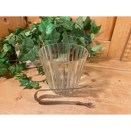 Vintage Round Textured Glass Ice Bucket with Metal Handle + Tongs | Wine Chiller | MCM | Champagne | Ice Bucket | 1970s | Midcentury Modern