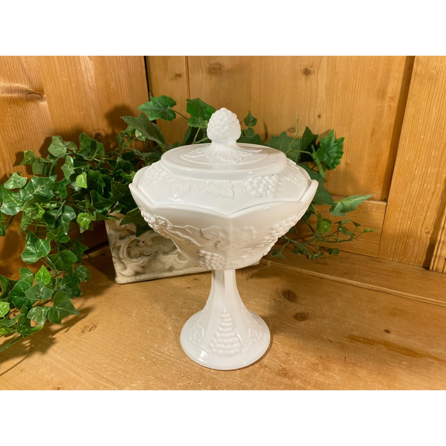 Vintage  Covered Milk Glass Candy Dish with Grapes | White Glass Pedestal Candy Dish with Cover | Milk Glass Dish | Cottagecore Table Decor