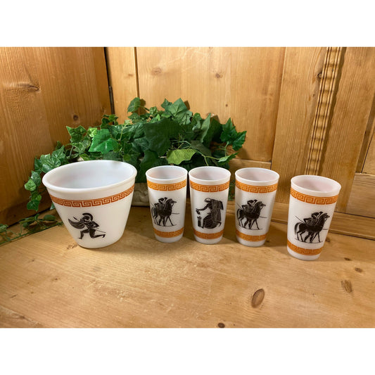 Vintage Milk Glass Ice Bucket and Tumblers - Set of 5 | Hazel Atlas | Midcentury Modern Barware with Grecian Warriors Pattern | Greek Decor