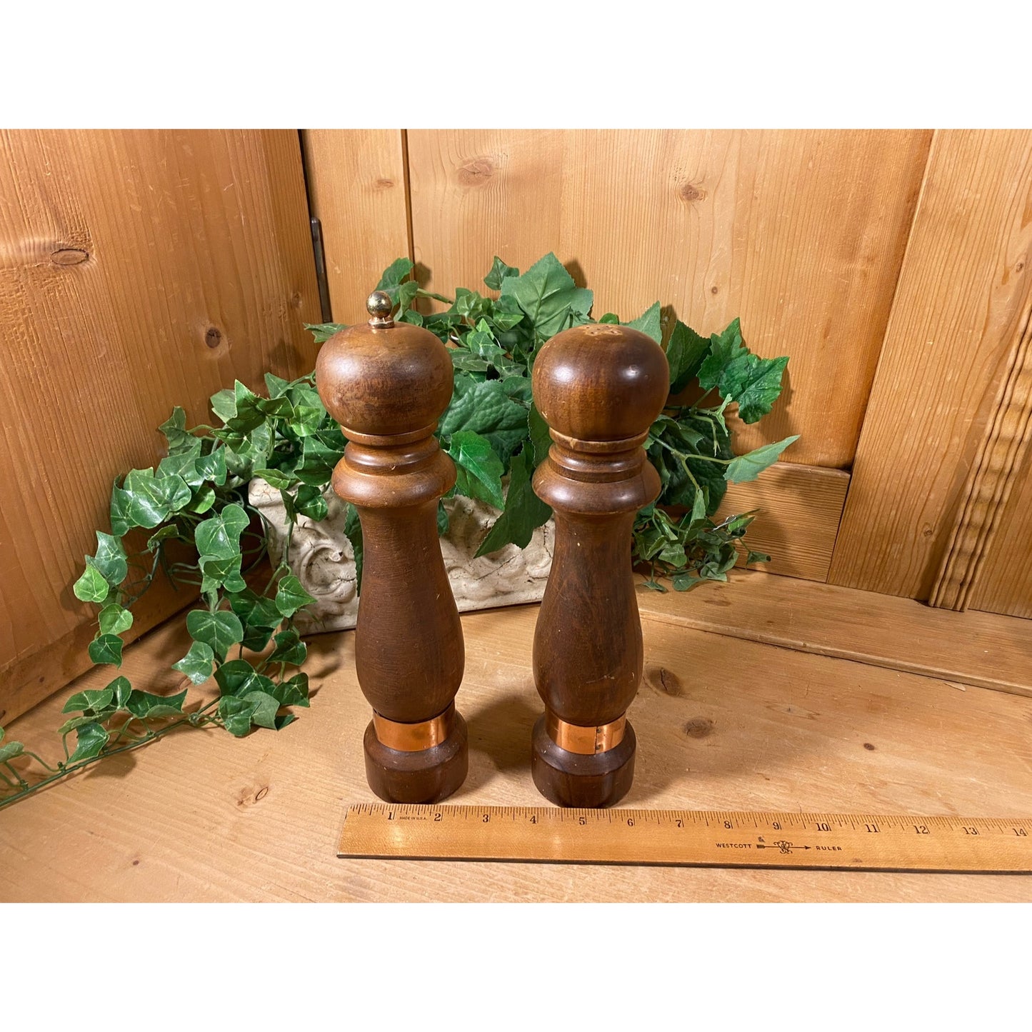 Vintage Tall Wooden Pepper Mill and Salt Shaker Set | Dark Brown Wood Salt Shaker + Pepper Grinder | Farmhouse Kitchen | Midcentury Modern