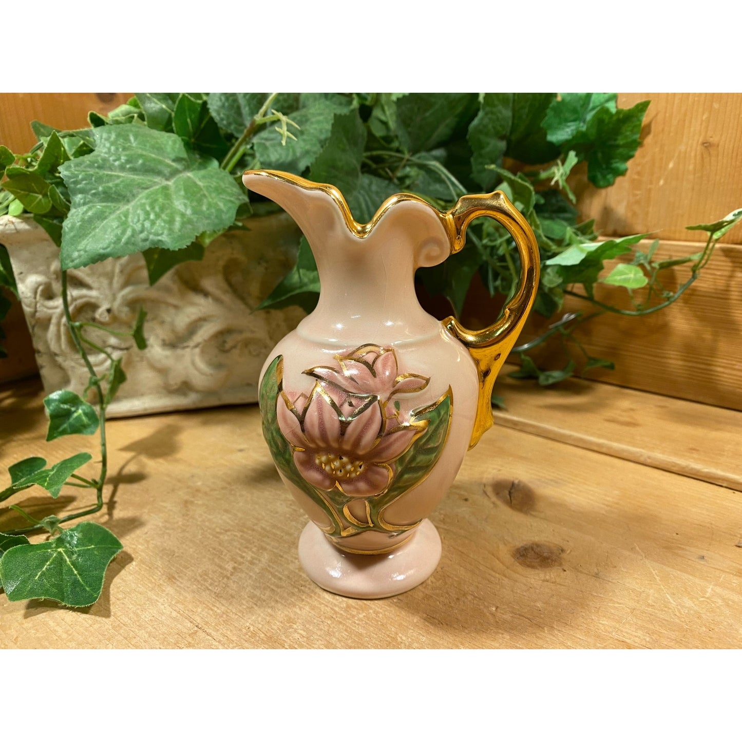 Vintage Hull Art Pottery "New Magnolia" Vase | Hand-Painted Floral Vase with Glossy Finish and Gold Trim | Midcentury Modern Shelf Decor