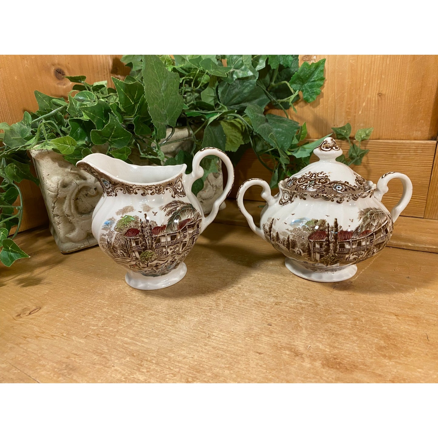 Vintage Brown Transferware Cream and Sugar Set  | Johnson Brothers | Heritage Hall | Made In England | Farmhouse | Cream Pitcher, Sugar Bowl