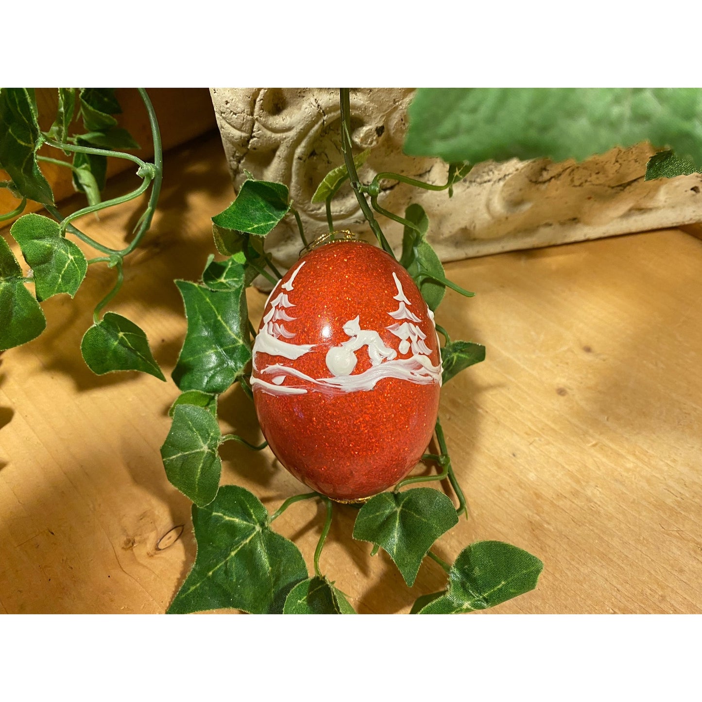 Vintage Handpainted Real Eggshell Ornament | Victorian Family In Snow | Eggsquisite Egg | Red Christmas Egg | Painted Egg Signed by Artist