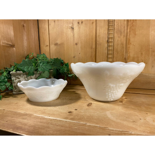 Vintage Milk Glass Punch Set with Box | Anchorglass | Punch Bowl, Base, 12 Cups | Scalloped White Milk Glass Bowl with Grapes | Cottagecore
