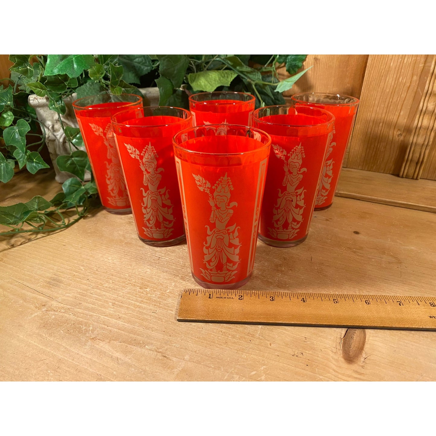Vintage Red Thai Princess Glasses - Set of 6 | Culver | Midcentury Modern Drinking Glasses (D) | Thai Goddess | Academia | Goddess Glasses