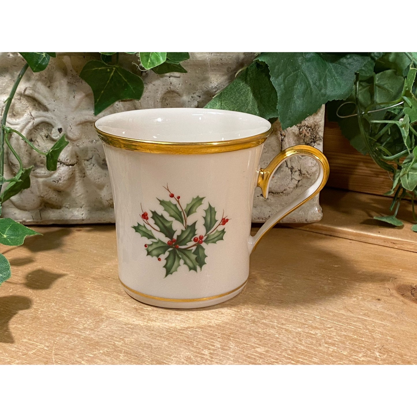 Vintage Lennox White China Coffee Cup | Holly Leaves + Berries, Gold Trim | Christmas | Holiday Dimension Collection | Tea Cup | Coffee Mug