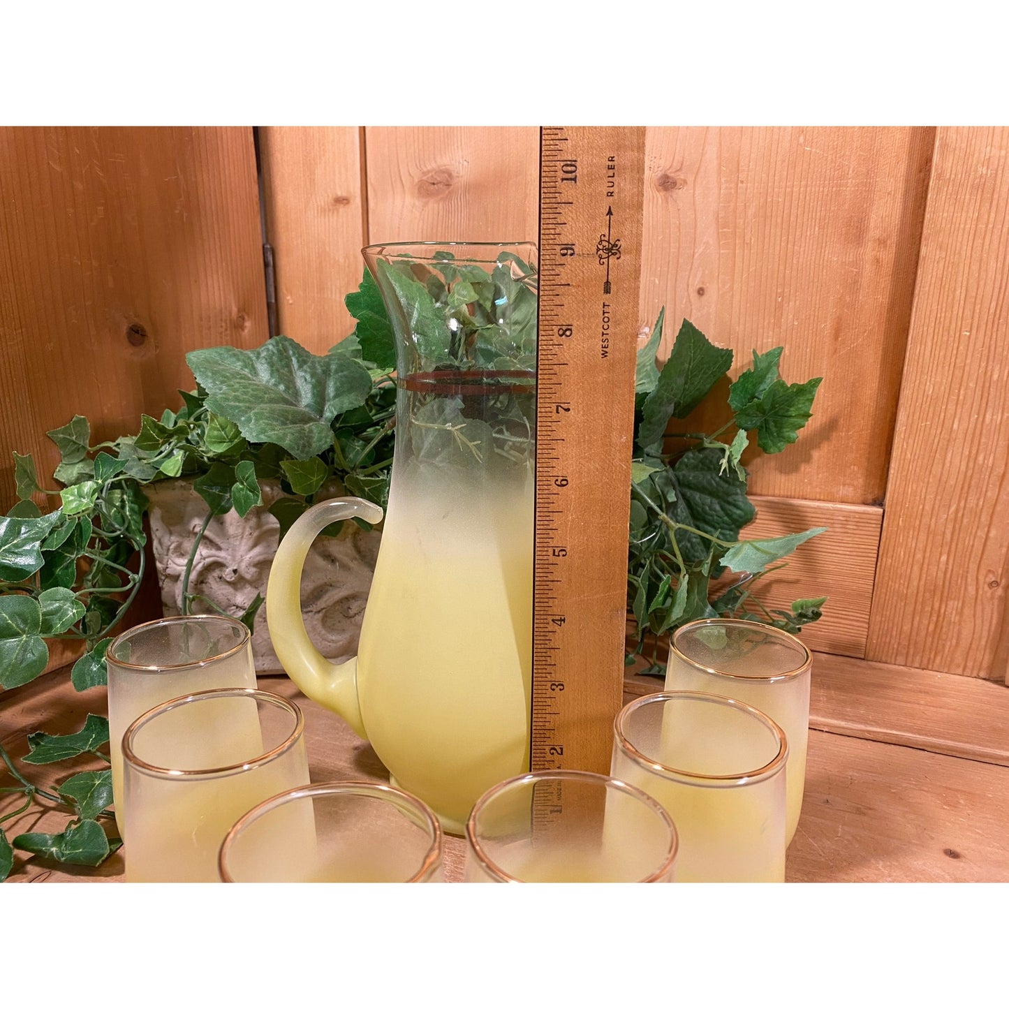 Vintage Blendo Frosted Yellow Glass Pitcher and Tumblers - Set of 7 | Midcentury Modern Drinkware Set | Blendo Pitcher + Glasses